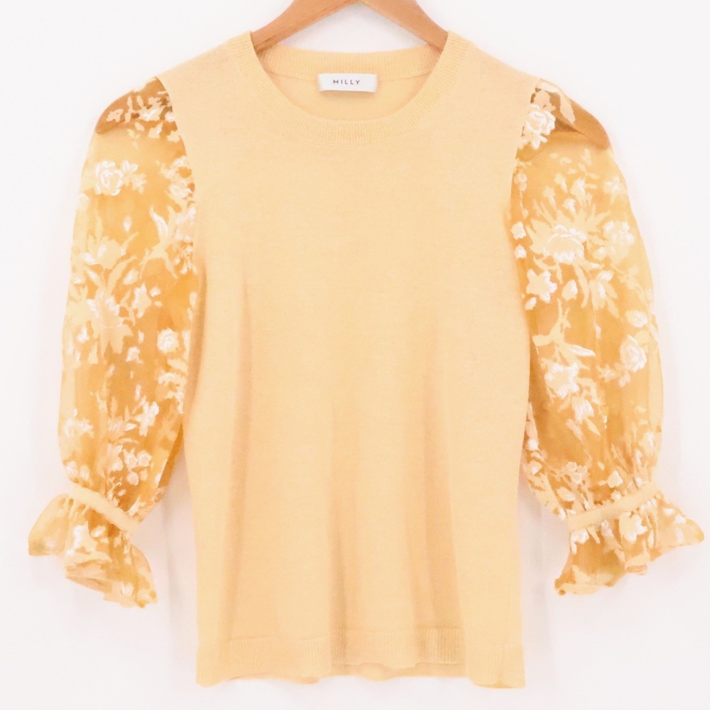 Milly Organza Floral Puff Sleeve Sweater Top Coquette Fairy Butter Yellow Size S